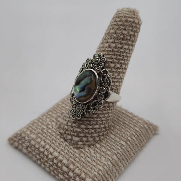 Size 9 Sterling Silver Abalone And Marcasite Gems Ring A1869 - Picture 4 of 9